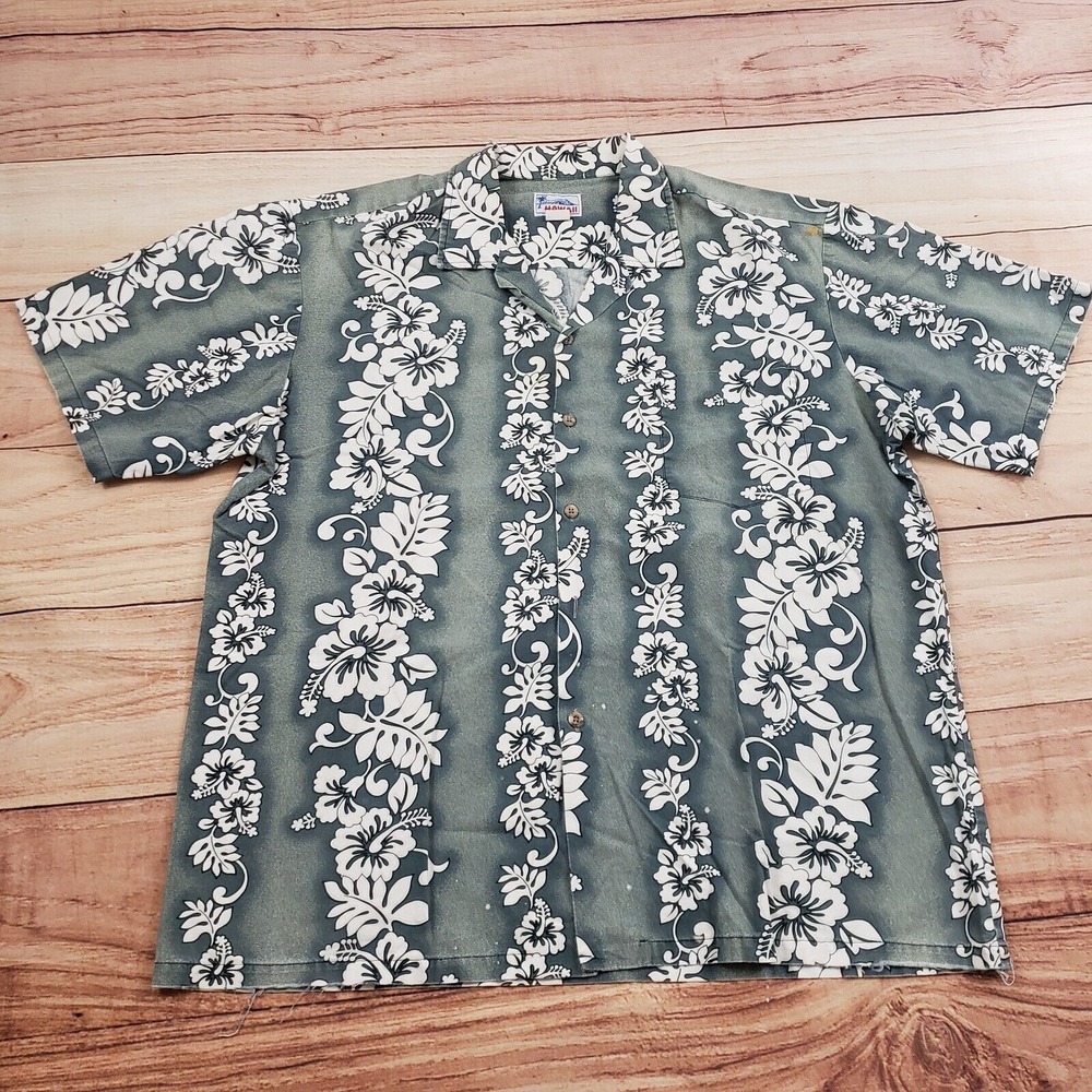VINTAGE Hawaii Shirt Mens Extra Large Gray White Outdoors Button Up Adult‎ 90s
